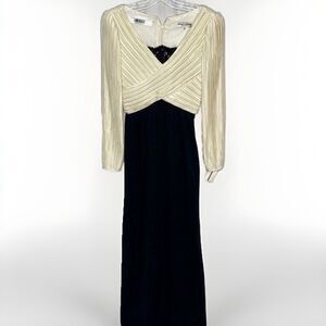 Vintage George F. Couture Dress Sz 6 Black Cream Formal Satin Pleated Gown Lace*